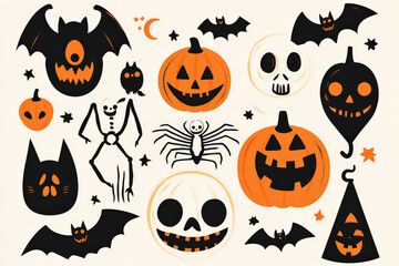 Fototapeta premium A Halloween flat design element collection featuring smiling pumpkins, skeletons, and bats, with bold outlines and solid colors for a festive feel.