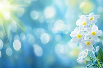 Spring forest white flowers primroses on a beautiful blue bokeh background. Also feasible for floral funeral background.