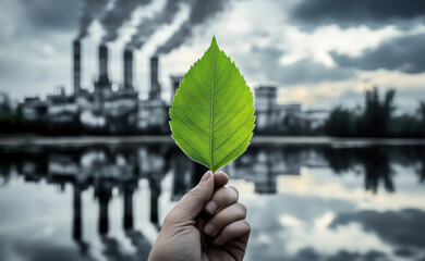 Hand holding a vibrant green leaf, clear reflection of industrial pollution in the background, symbolizing the contrast between genuine environmental efforts and deceptive greenwashing