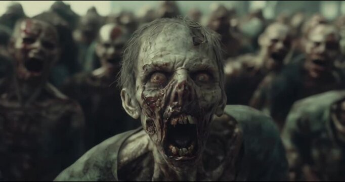 Terrifying zombie horde approaching in eerie scene.
