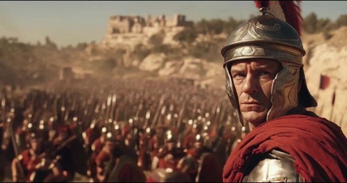 A Roman soldier in armor leads a large army into battle, recreating ancient warfare and military strategy.