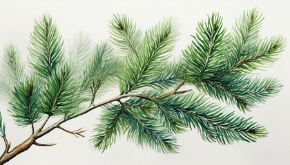  Detailed watercolor art of an evergreen fir branch, featuring lifelike textures and a few ti