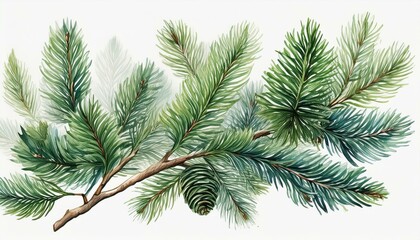 Obraz premium Detailed watercolor drawing of a single fir tree branch, with lush green needles and delicat 