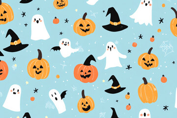 A cheerful Halloween pattern with tiny pumpkins, friendly ghosts, and cute little witches, scattered across a pastel blue background.
