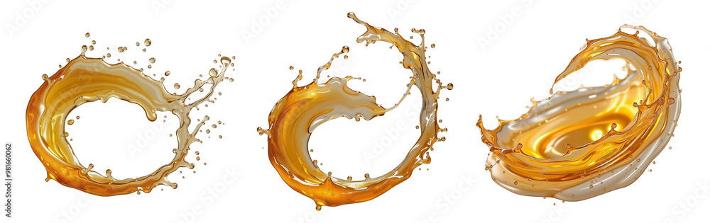 Poster dynamic liquid splatter, three orange dynamic water splash showcasing liquid splashes and swirls aga