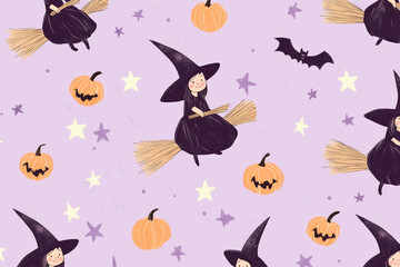 A cute Halloween pattern featuring adorable witches riding on brooms, little pumpkins, and stars, all floating against a pastel lavender backdrop.