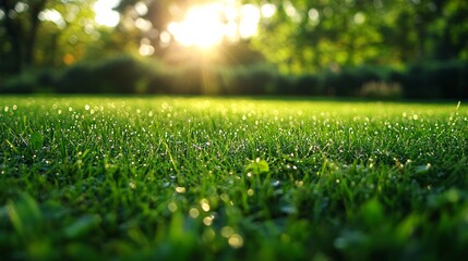 Naklejka premium Dewy Grass Blades Glistening in the Sunlit Meadow