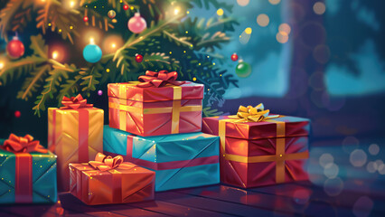 Obraz premium Beautifully wrapped gifts under a Christmas tree with golden ornaments