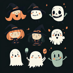 Collection of flat Halloween characters including cute witches, friendly ghosts, and grinning skulls, all with a playful, cartoonish design.