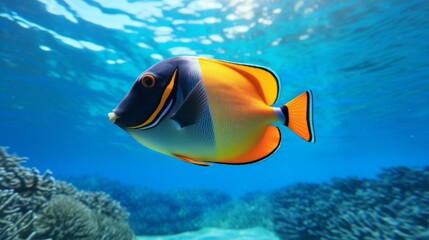Obraz premium Vibrant tropical fish swimming in clear blue ocean waters, perfect for ocean-themed wallpaper or aquatic designs