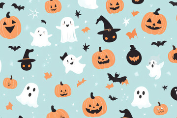 A cheerful Halloween pattern with tiny pumpkins, friendly ghosts, and cute little witches, scattered across a pastel blue background.
