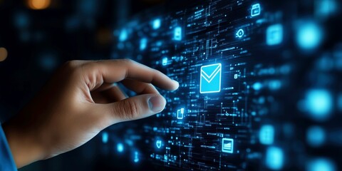 Businessman touching a digital document icon on a virtual screen, symbolizing online document management, technology, and cloud-based systems, ideal for business and IT visuals