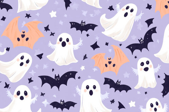 A whimsical Halloween pattern featuring smiling ghosts, playful bats, and stars scattered on a pastel purple background, perfect for a light-hearted look.