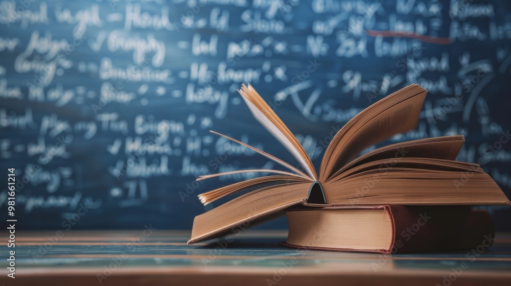 Poster open book on a desk with a blackboard in the background