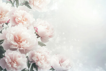 A dreamy floral background of pale pink peonies in full bloom, arranged delicately against a light grey and white gradient background.