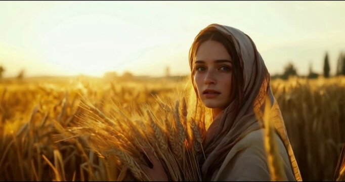 A woman in a shawl stands in a golden wheat field during sunset, holding a bundle of wheat.