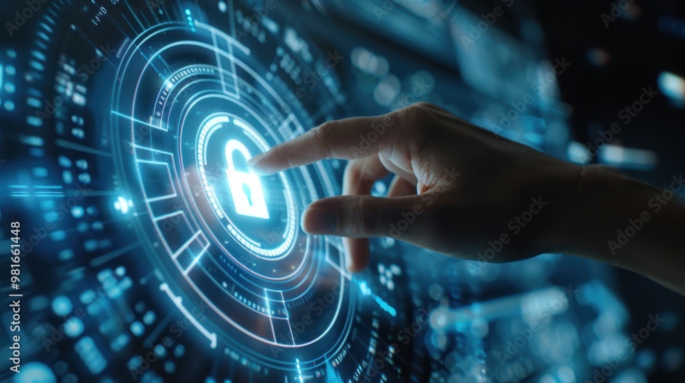 Poster a businessperson touching a virtual screen with a security lock icon, representing secure business p