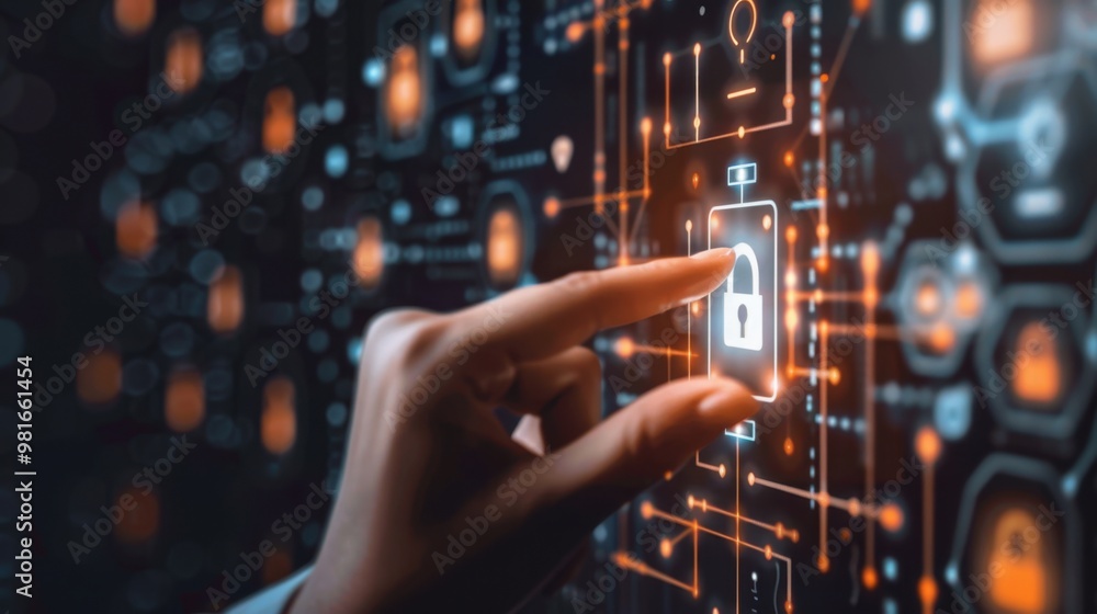 Poster a businessperson touching a virtual screen with a security lock icon, representing secure business p