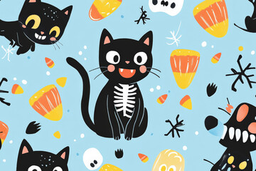 A cute Halloween seamless pattern featuring smiling black cats, happy skeletons, and candy corn on a pastel blue background for a fun, spooky feel.