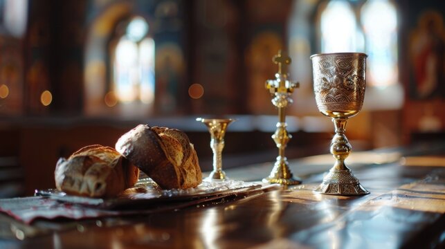 A close-up of a communion chalice and bread on an altar, symbolizing the Eucharist and the body and blood of Christ