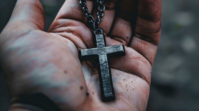 A close-up of a cross necklace held in someone hand, representing personal faith and devotion