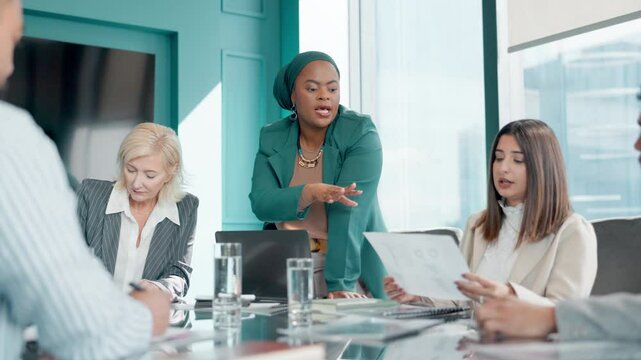Discussion, group and meeting in boardroom, explaining and documents for financial report and ideas. Office, speaker and ai for fraud detection of insurance and processing of claims, plan and people