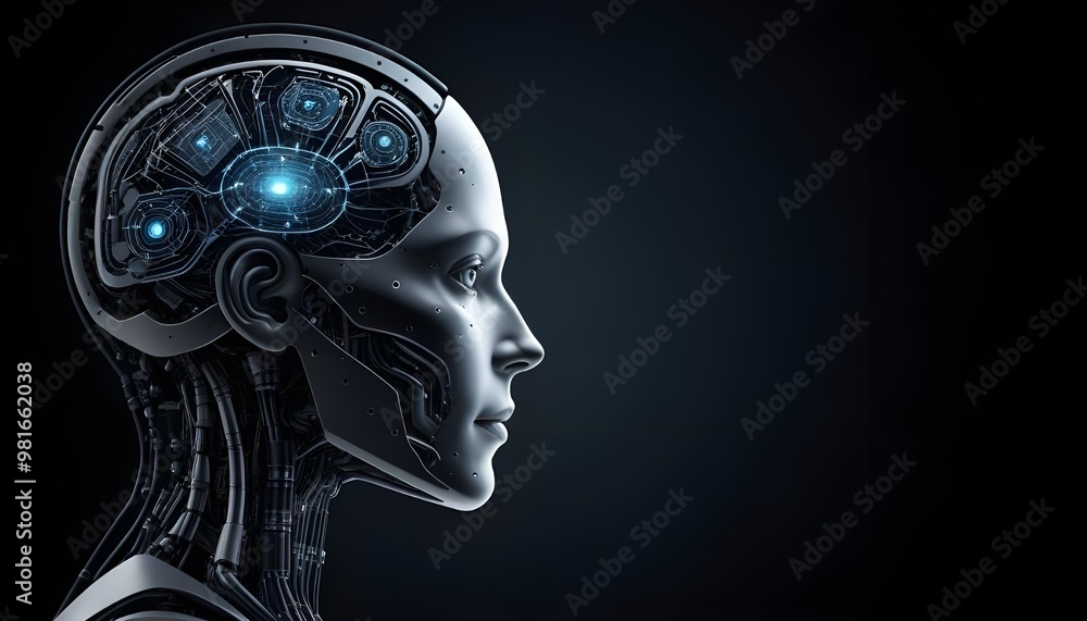 Poster artificial intelligence dark background, no text, the left part of the image is empty for banner.