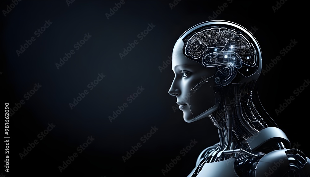 Aufkleber artificial intelligence dark background, no text, the left part of the image is empty for banner.