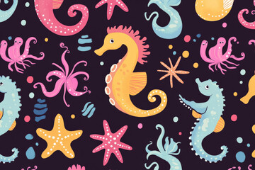 A whimsical seamless pattern of cute sea creatures like seahorses, octopuses, and starfish, designed in bright colors for children's prints.