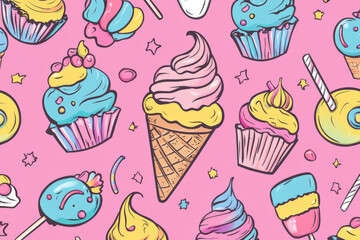Fun doodle design featuring ice cream cones, cupcakes, and candy in colorful pastels, ideal for childrenâ€™s fabric or print designs.
