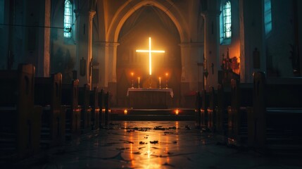 A cross illuminated by candlelight in a dim church, representing faith enduring through the darkness