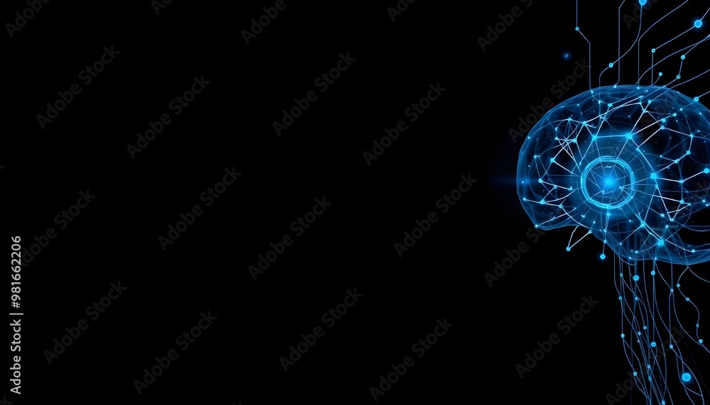 Poster minimal artificial intelligence dark background, no text, the left part of the image is empty for ba