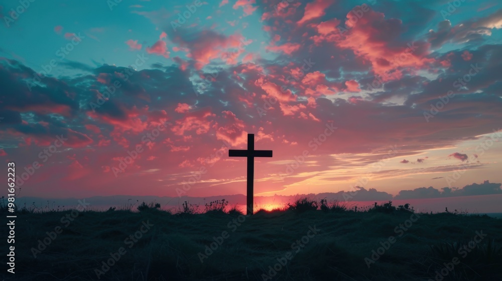 Sticker A cross silhouetted against a dramatic sunset sky, symbolizing sacrifice and redemption