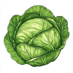 Fototapeta premium Flat illustration of a large cabbage head, drawn with bold lines and minimalistic shading, on a white background.