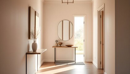 A serene and inviting entryway with a minimalist console table, a sleek mirror, and a few tasteful decorative accents, including a delicate vase and a rustic bowl, bathed in warm