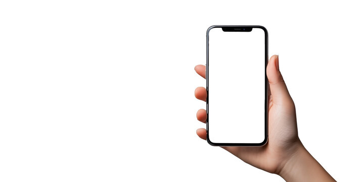 Nowoczesny smartfon o przezroczystym ekranie, trzymany w dłoni. Przezroczyste tło sprawia, że telefon idealnie wpasowuje się w r&oacute;żnorodne projekty technologiczne.