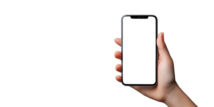 Nowoczesny smartfon o przezroczystym ekranie, trzymany w dłoni. Przezroczyste tło sprawia, że telefon idealnie wpasowuje się w różnorodne projekty technologiczne.