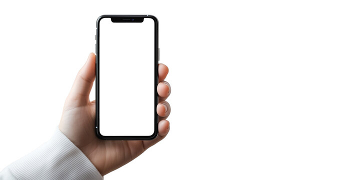 Nowoczesny smartfon o przezroczystym ekranie, trzymany w dłoni. Przezroczyste tło sprawia, że telefon idealnie wpasowuje się w r&oacute;żnorodne projekty technologiczne.