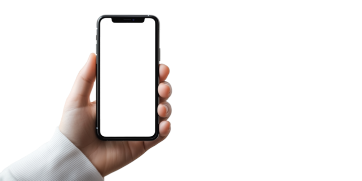 Nowoczesny smartfon o przezroczystym ekranie, trzymany w dłoni. Przezroczyste tło sprawia, że telefon idealnie wpasowuje się w różnorodne projekty technologiczne.