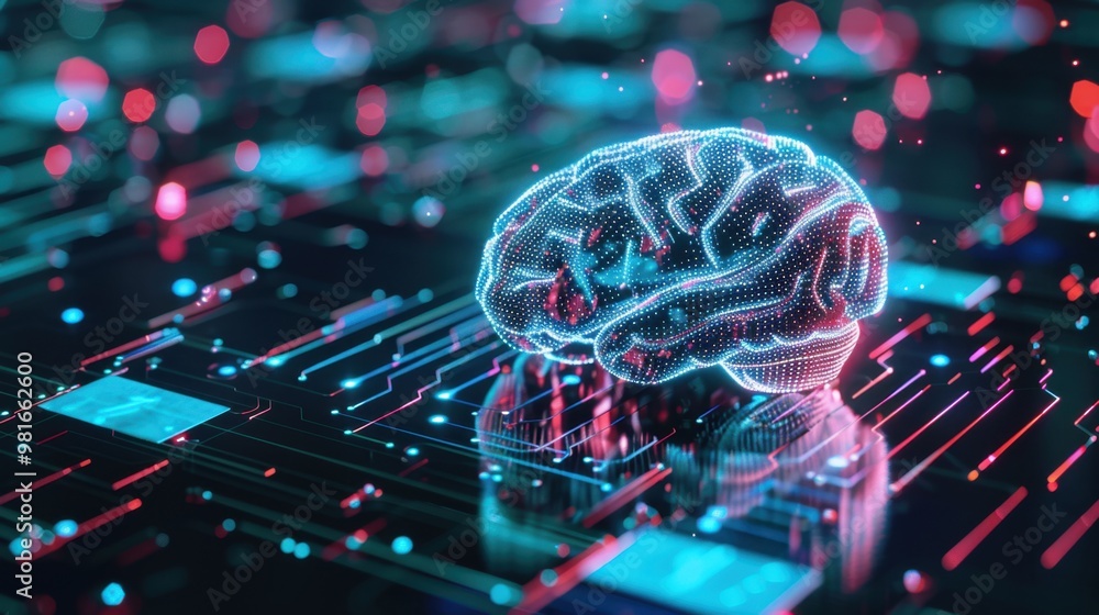 Poster a digital brain with circuit lines representing artificial intelligence in cybersecurity defense sys