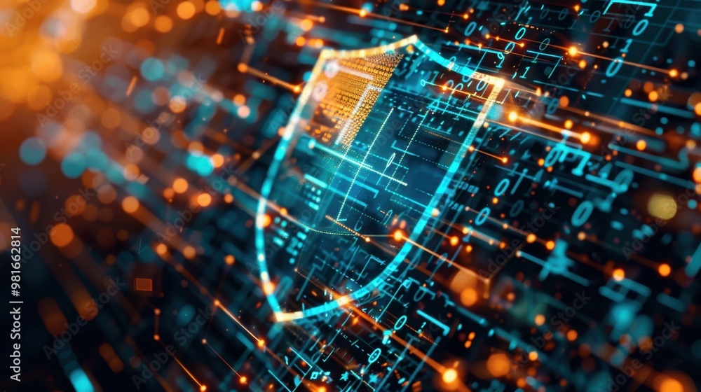Poster a digital shield with binary code flowing around it, symbolizing robust cybersecurity measures in pl