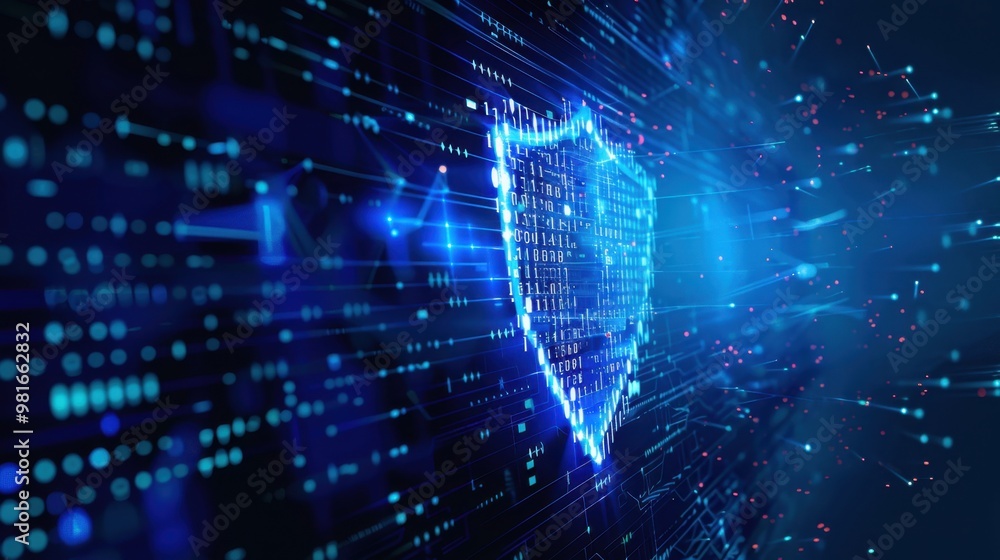 Poster a digital shield with binary code flowing around it, symbolizing robust cybersecurity measures in pl