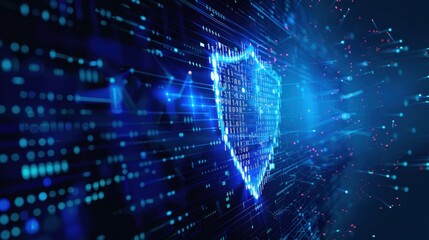 Obraz premium A digital shield with binary code flowing around it, symbolizing robust cybersecurity measures in place