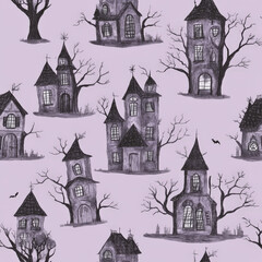 Obraz premium Repeating pattern of spooky haunted houses drawn in a whimsical style, with soft grays and dark shadows, against a light purple background.