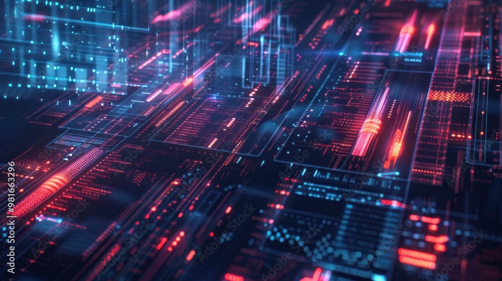 Poster a futuristic digital interface with financial graphs and data points, symbolizing fintech and innova