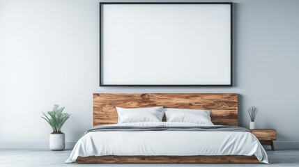A minimalist bedroom with a wooden bed frame, white bedding, and a large framed canvas.