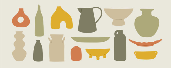 Vases of different shapes. Hand drawn table decor element collection. Cute graphic illustration set.