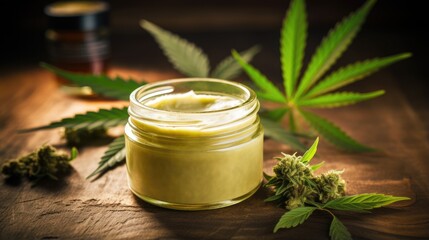 A close-up of a jar of cannabis cream, surrounded by marijuana leaves and buds. The cream is a light green color and has a smooth, creamy texture.