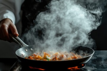 Professional chef prepares food in a hot pan with steam on a black background. The concept of restaurant and hotel service. Haute cuisine or Grande cuisine, ai