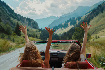 Two women are driving a red convertible on a mountain road.,